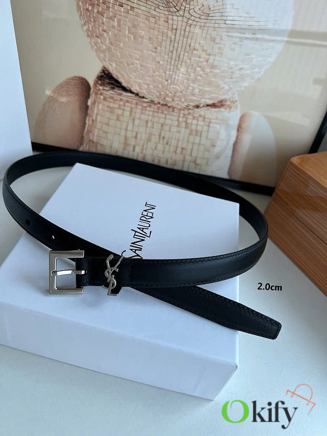Okify YSL Black Smooth Leather Belt With Silver Hardware 2cm  - 1