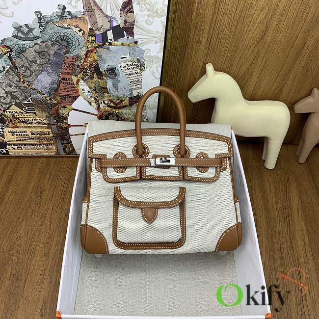 Okify Hermes Birkin Cargo Bag 25cm In White And Brown  - 1