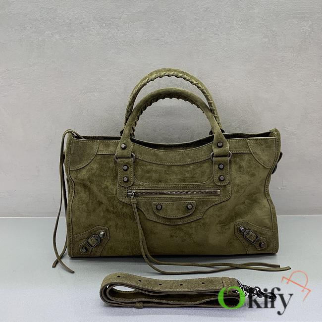 Okify Balenciaga Medium Le City Bag In Dark Green Suede 38x24x15cm - 1