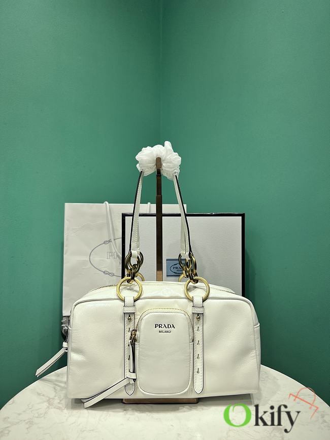 Okify Prada Dangle Medium Leather Top Handle Bag In White 1BB138 30x14x13.5cm - 1