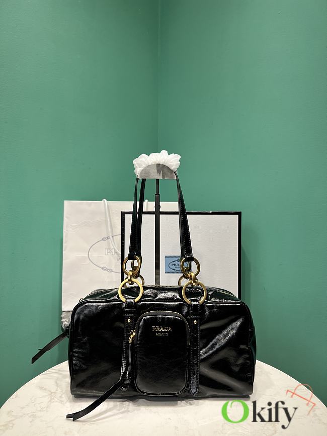 Okify Prada Dangle Medium Leather Top Handle Bag In Black 1BB138 30x14x13.5cm - 1