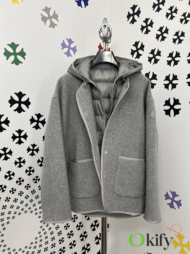 Okify Moncler Gray Layered Wool Jacket With Hoodie And Quilted Lining Unisex - 1