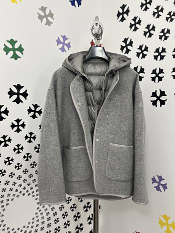 Okify Moncler Gray Layered Wool Jacket With Hoodie And Quilted Lining Unisex