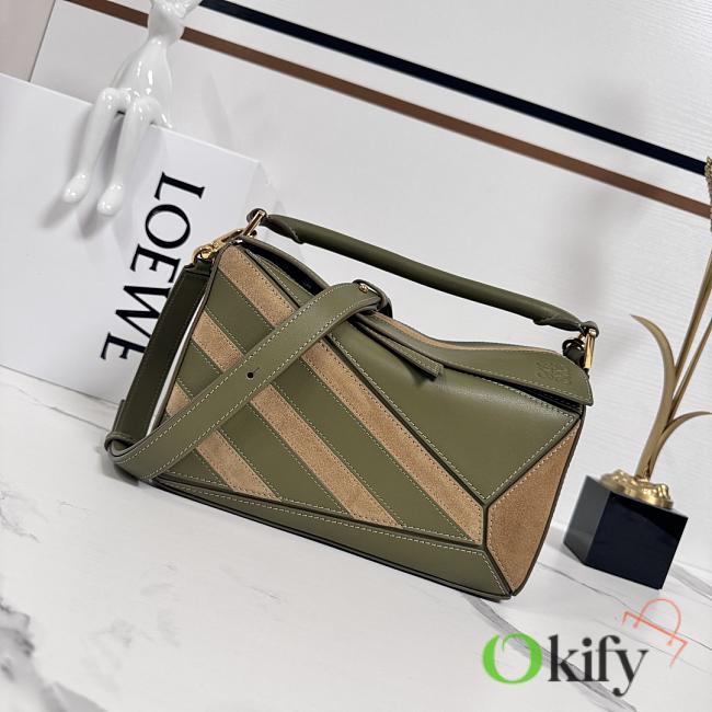 Okify Loewe Puzzle Small Bag In Green Calfskin And Brown Suede 24x16.5x10.5cm - 1
