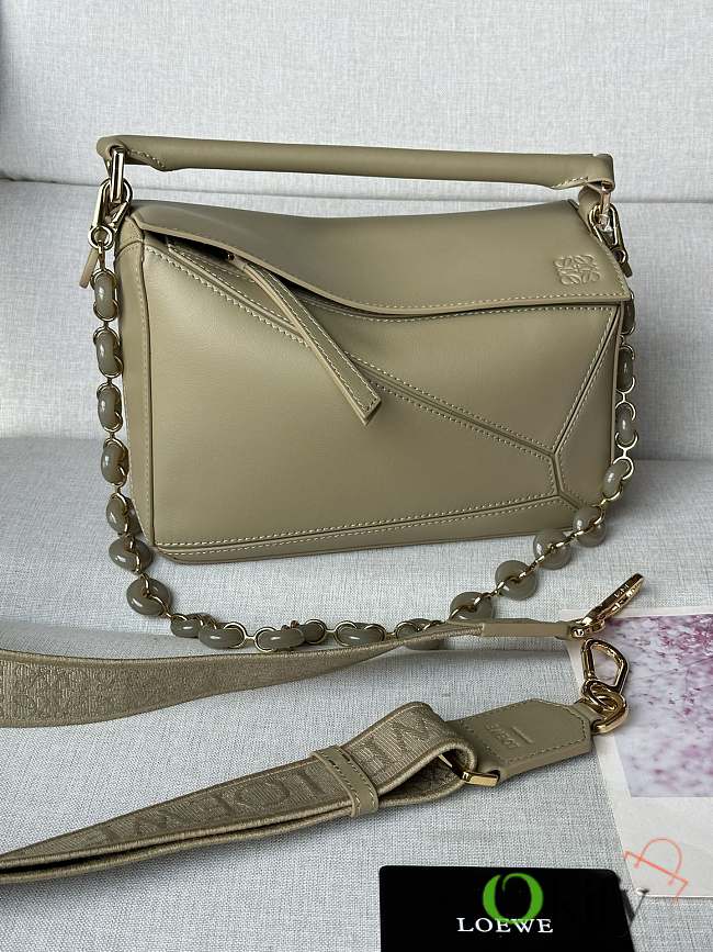 Okify Loewe Puzzle Edge Bag In Dark Green With Metal Chain 24x10.5x16cm - 1