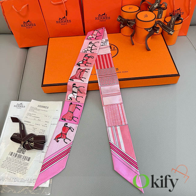 Okify Hermes Pink Twill Silk Scarf 25996 - 1