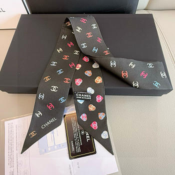 Okify CC Black Twilly Scarf With Little Hearts 120x6cm