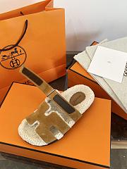 Okify Hermes Brown Suede Wool Slippers - 3