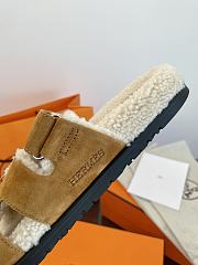 Okify Hermes Brown Suede Wool Slippers - 2