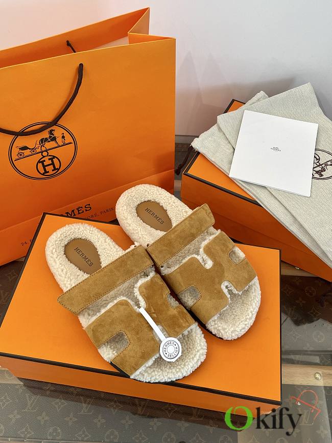 Okify Hermes Brown Suede Wool Slippers - 1