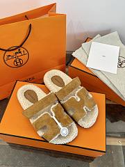 Okify Hermes Brown Suede Wool Slippers - 1