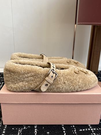 Okify MiuMiu Deck Beige Wool Ballet Shoes 