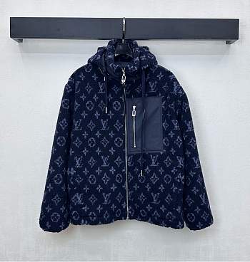 Okify Louis Vuitton Dark Blue Wool Hooded Jacket Unisex 