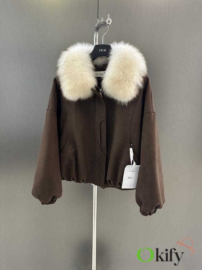 Okify Dior Brown Goose Down Jacket With Detachable Fox Fur Collar  - 1