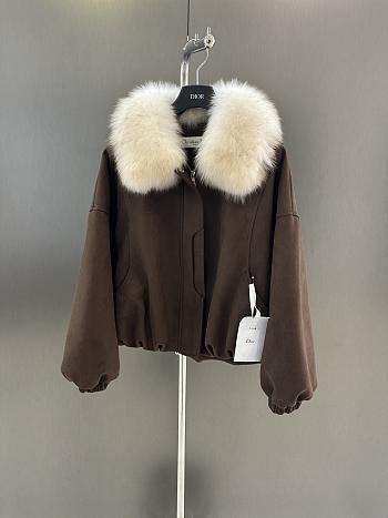 Okify Dior Brown Goose Down Jacket With Detachable Fox Fur Collar 