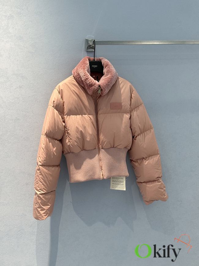Okify Fendi Pink Waisted Down Jacket With Wool Collar  - 1