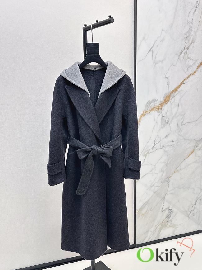 Okify MaxMara Black Long Hooded Belted Wool Coat - 1