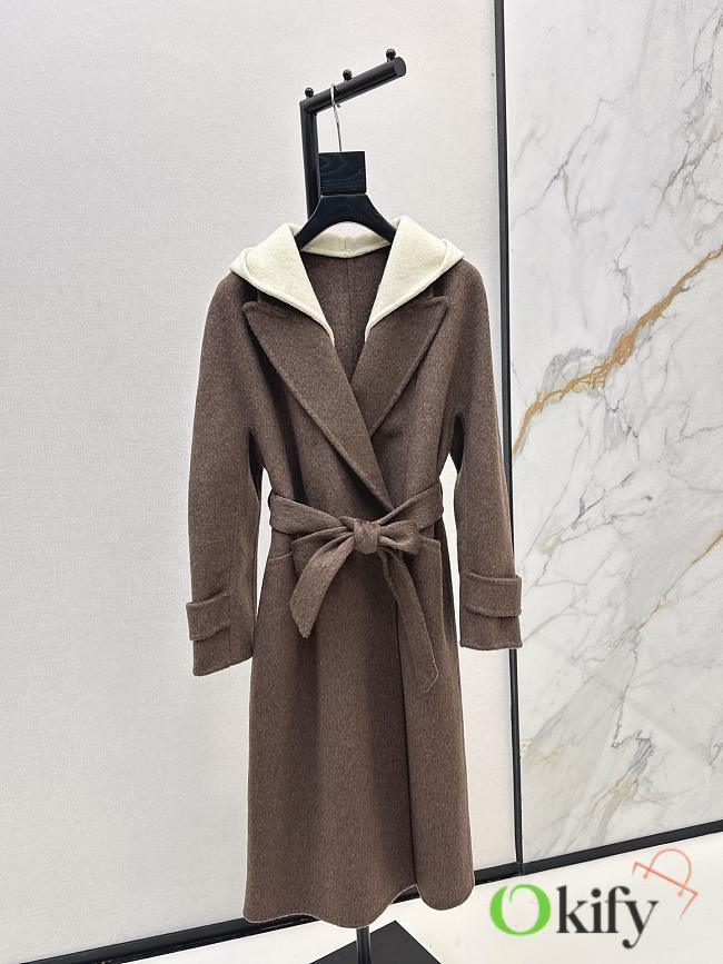 Okify MaxMara Brown Long Hooded Belted Wool Coat - 1