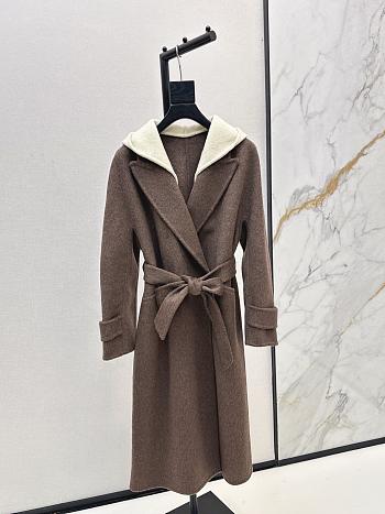 Okify MaxMara Brown Long Hooded Belted Wool Coat