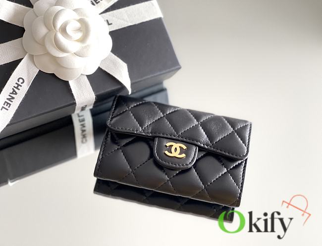 Okify CC Black Lambskin Small Flap Wallet With Gold Hardware 11x7.5x2cm - 1