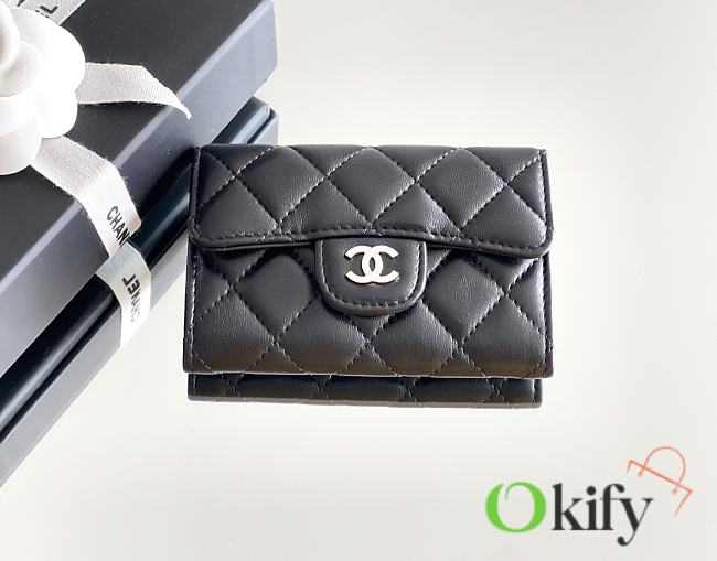 Okify CC Black Lambskin Small Flap Wallet With Silver Hardware 11x7.5x2cm - 1