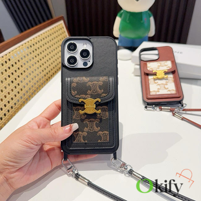 Okify Celine Black Phone Case With Card Holder And Strap  - 1