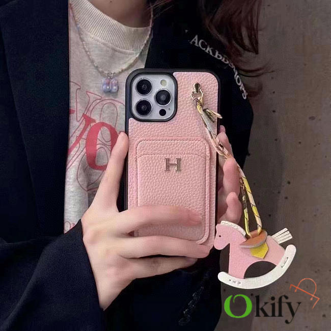 Okify Hermes Pink Phone Case With Horse Charm  - 1