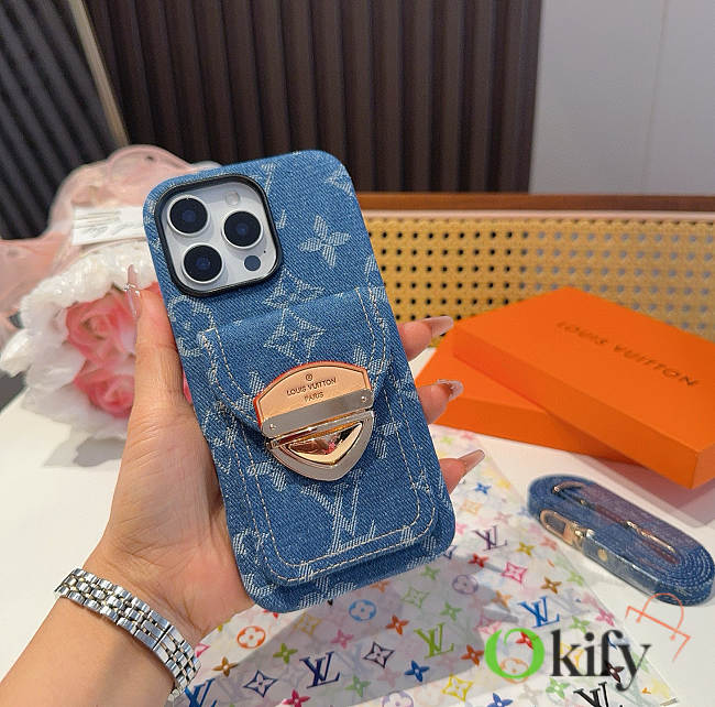 Okify Louis Vuitton Denim Blue Phone Case With Card Holder And Strap - 1