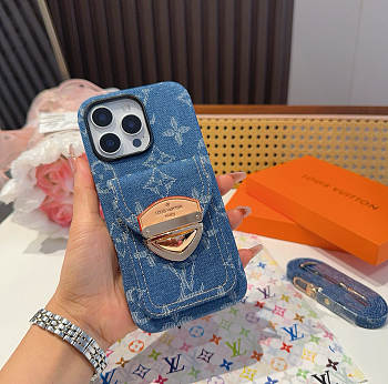 Okify Louis Vuitton Denim Blue Phone Case With Card Holder And Strap
