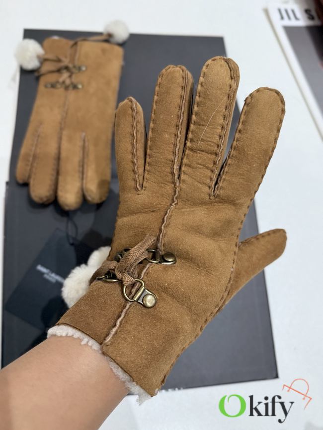 Okify YSL Brown Fur Gloves  - 1