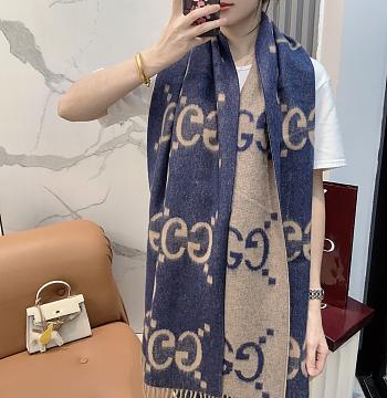 Okify Gucci Blue And Beige Cashmere Scarf 200x45cm