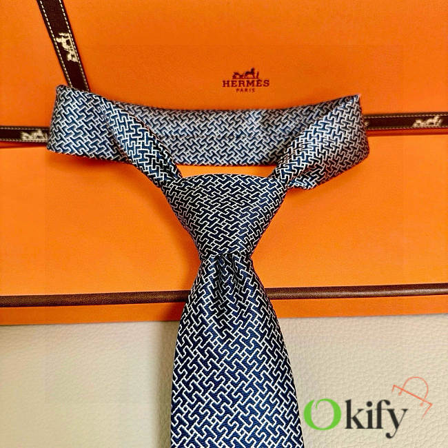 Okify Hermes Dark Blue Twill Silk Tie  - 1