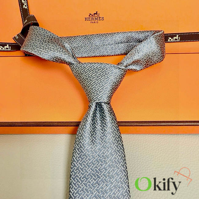 Okify Hermes Gray Twill Silk Tie  - 1