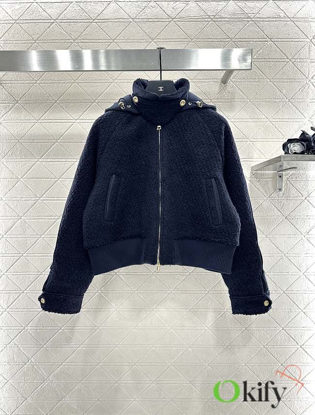 Okify Moncler Dark Blue Wool Down Jacket With Detachable Hood - 1