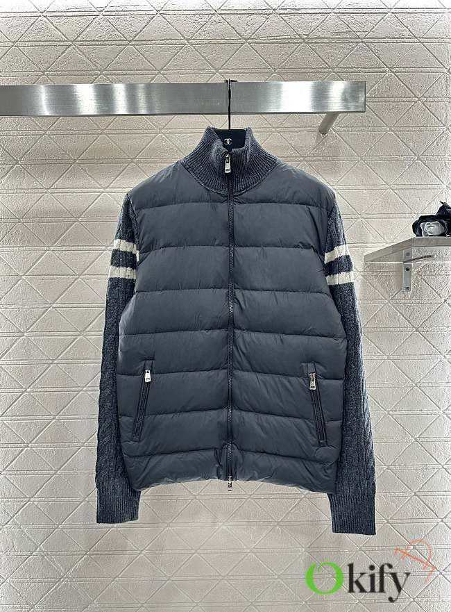 Okify Moncler Gray Stand Collar Paneled Zipper Down Jacket Unisex - 1