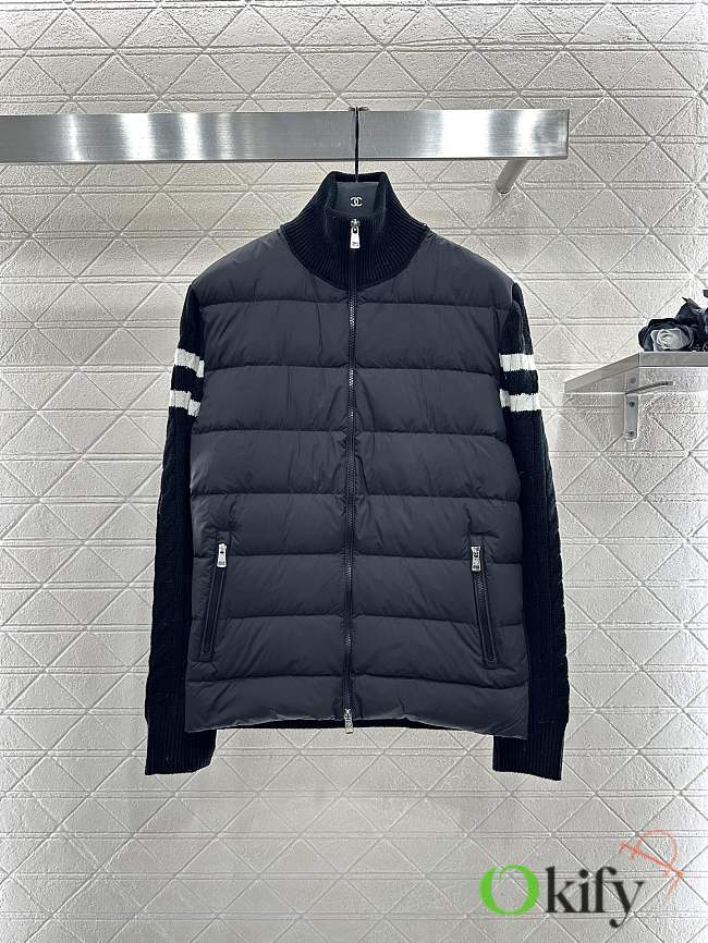 Okify Moncler Black Stand Collar Paneled Zipper Down Jacket Unisex - 1