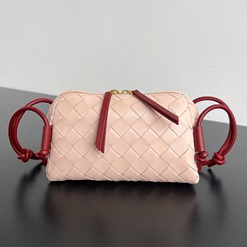 Okify Bottega Veneta Concert Pouch Intrecciato Bag In Light Pink With Red Strap 18.5x11.5x8.5cm