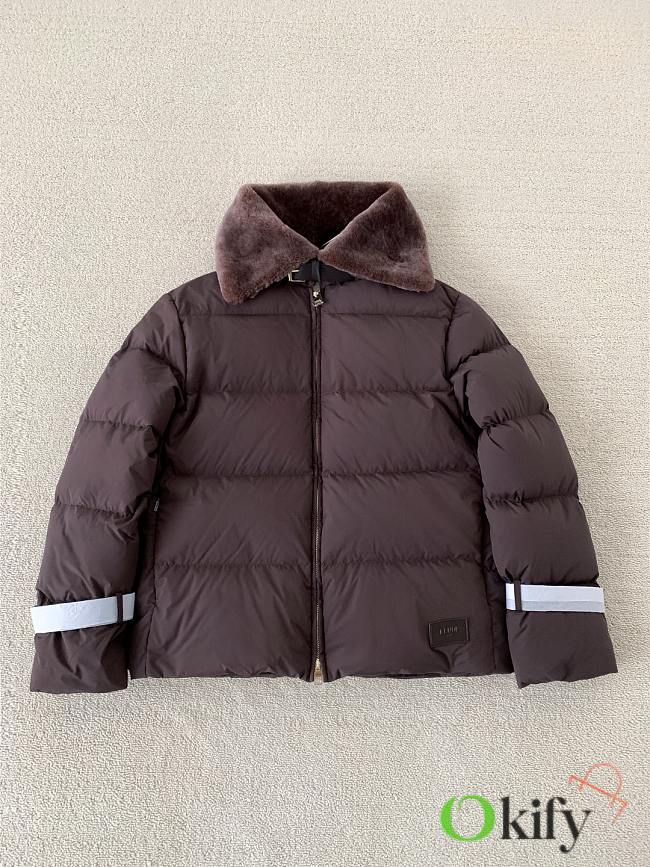 Okify Fendi Brown Wool Collar Ski Jacket Down Jacket Unisex - 1