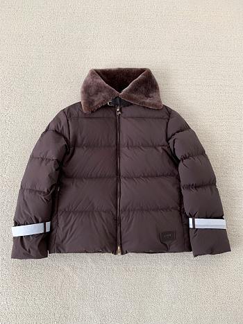 Okify Fendi Brown Wool Collar Ski Jacket Down Jacket Unisex