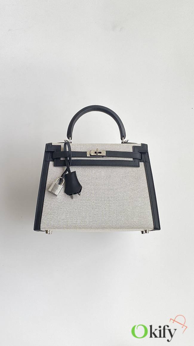 Okify Hermes Kelly Bag In Black Swift Calfskin And White Canvas 25x20x10cm - 1