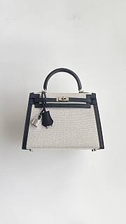 Okify Hermes Kelly Bag In Black Swift Calfskin And White Canvas 25x20x10cm - 1