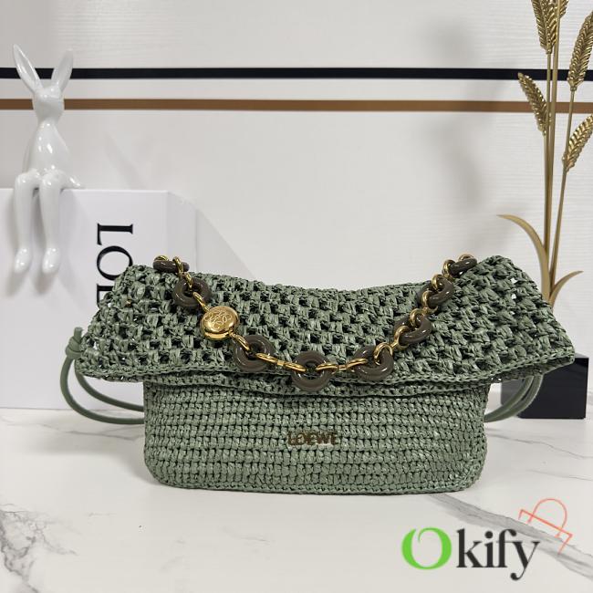 Okify Loewe Paula's Ibiza Ola Medium Bag In Green Raffia 26x13x18cm - 1