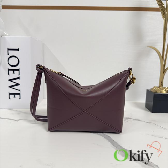 Okify Loewe Puzzle Fold Pouch In Dark Red Shiny Nappa Calfskin 23x6.5x15.5cm - 1