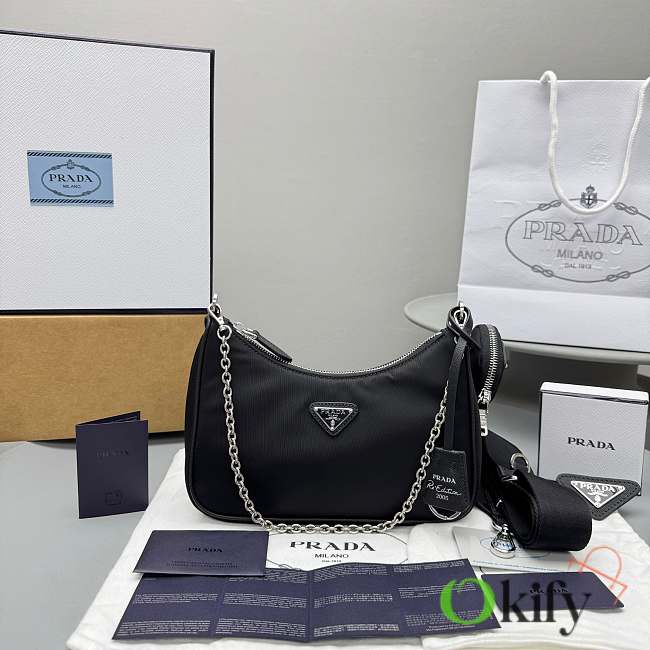 Okify Prada Hobo Bag In Black With Small Purse 22x12x6cm - 1