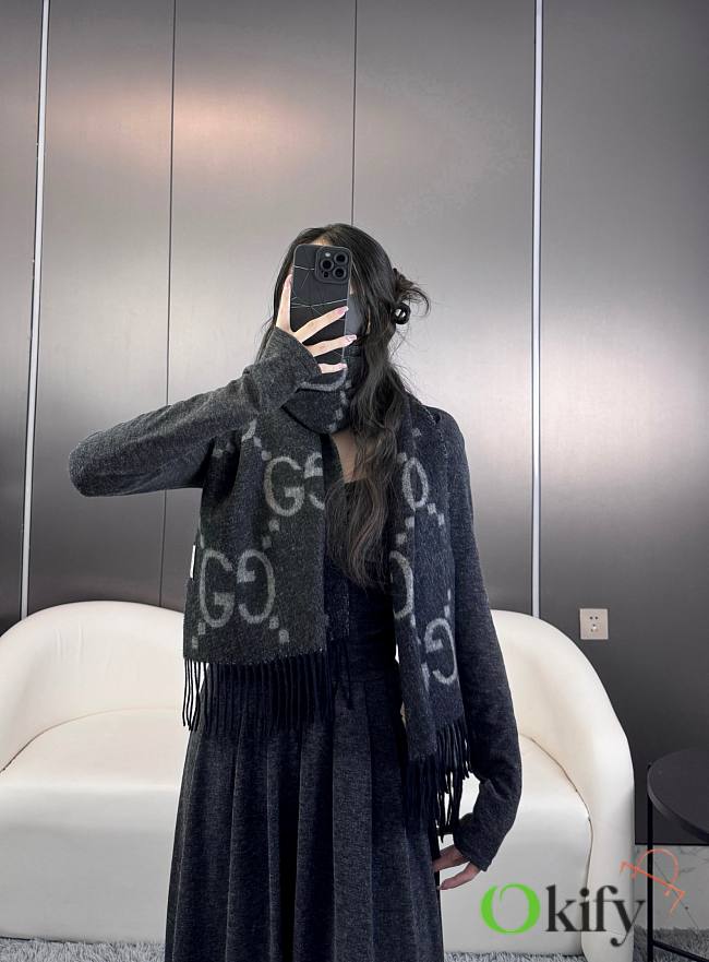 Okify Gucci Black Cashmere Tassels Scarf 200x45cm - 1