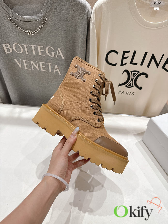 Okify Celine Retro Brown Lace-up Platform Boots - 1