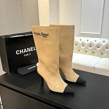 Okify CC Beige Suede Knee High Boots With Black Toe 8.5cm