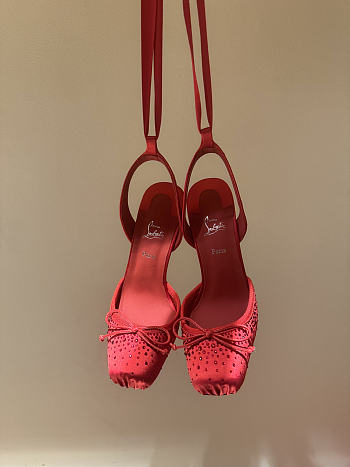 Okify Christian Louboutin Red Satin Ballet Heels With Crystal 11cm
