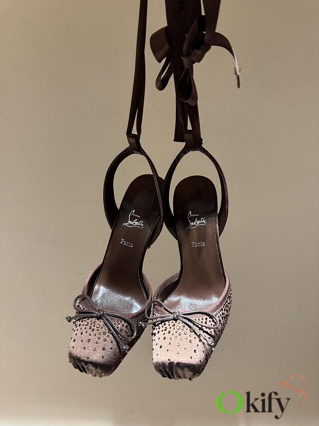 Okify Christian Louboutin Dark Brown Satin Ballet Heels With Crystal 11cm - 1