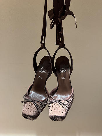 Okify Christian Louboutin Dark Brown Satin Ballet Heels With Crystal 11cm